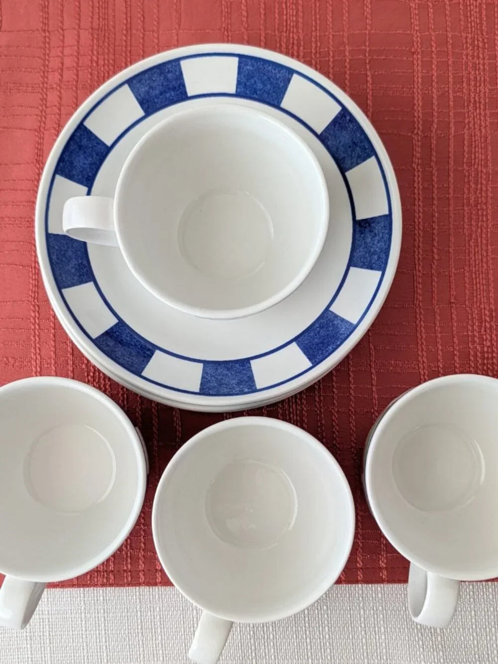 1990s Johnson Brothers Hopscotch Blue 4 Coffee Cups & Matching Saucers